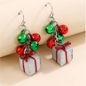 Christmas Gift Box Drop Earrings, with green and red bells.